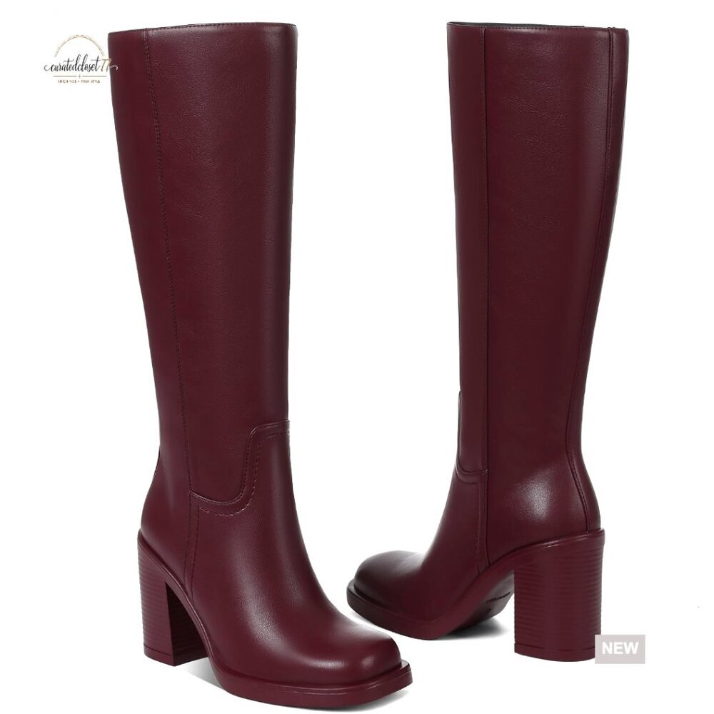 Knee High Platform Boots Chunky Heel Square Toe Retro Disco Style Leather